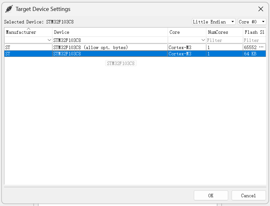在 Ozone 中选择 STM32F103C8